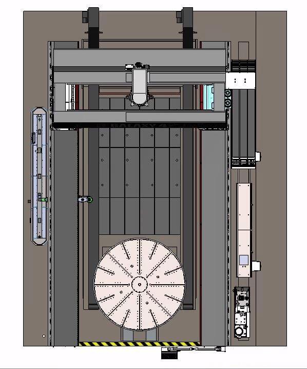 Top View of Galaxy 4 with Rear Discharge Chip Conveyor , Side Tool Changer, and Rotary Table