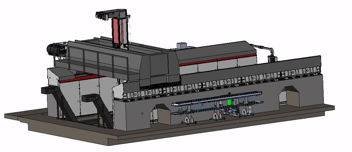 Rear View Galaxy 4 CNC Gantry with Rear Discharge Chip Conveyor, Side Tool Changer, and Rotary Table